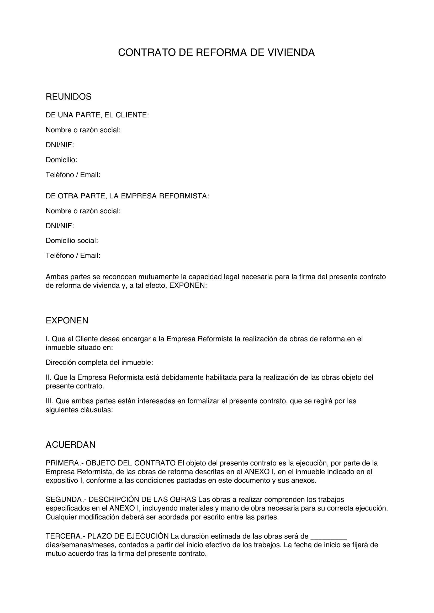 Modelo Contrato Reforma Vivienda Gratis