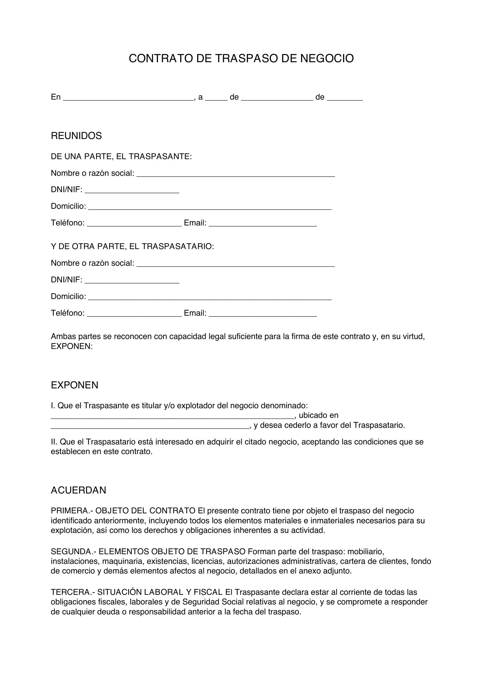 Modelo Contrato Traspaso Negocio