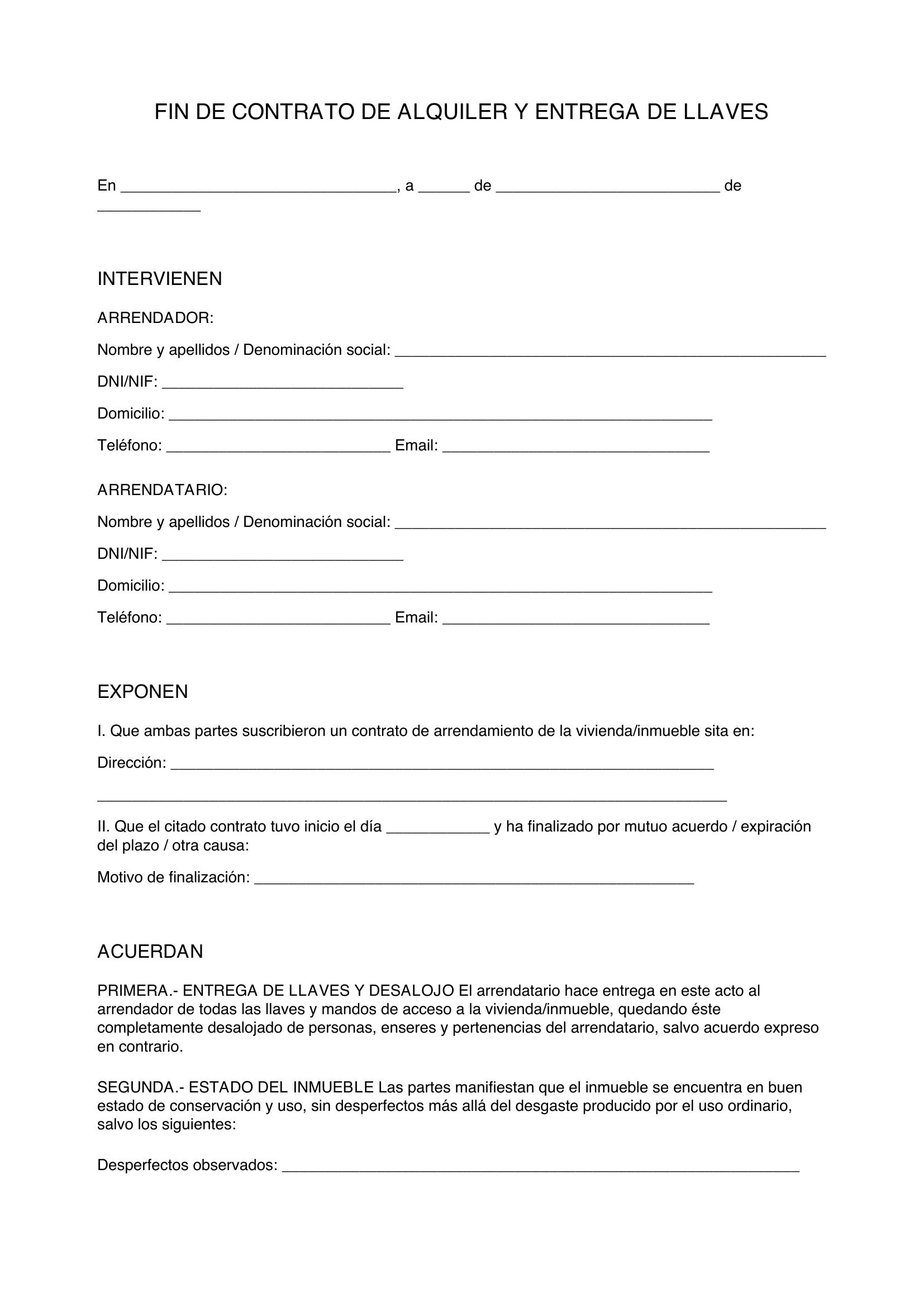 Modelo Fin De Contrato De Alquiler Y Entrega De Llaves
