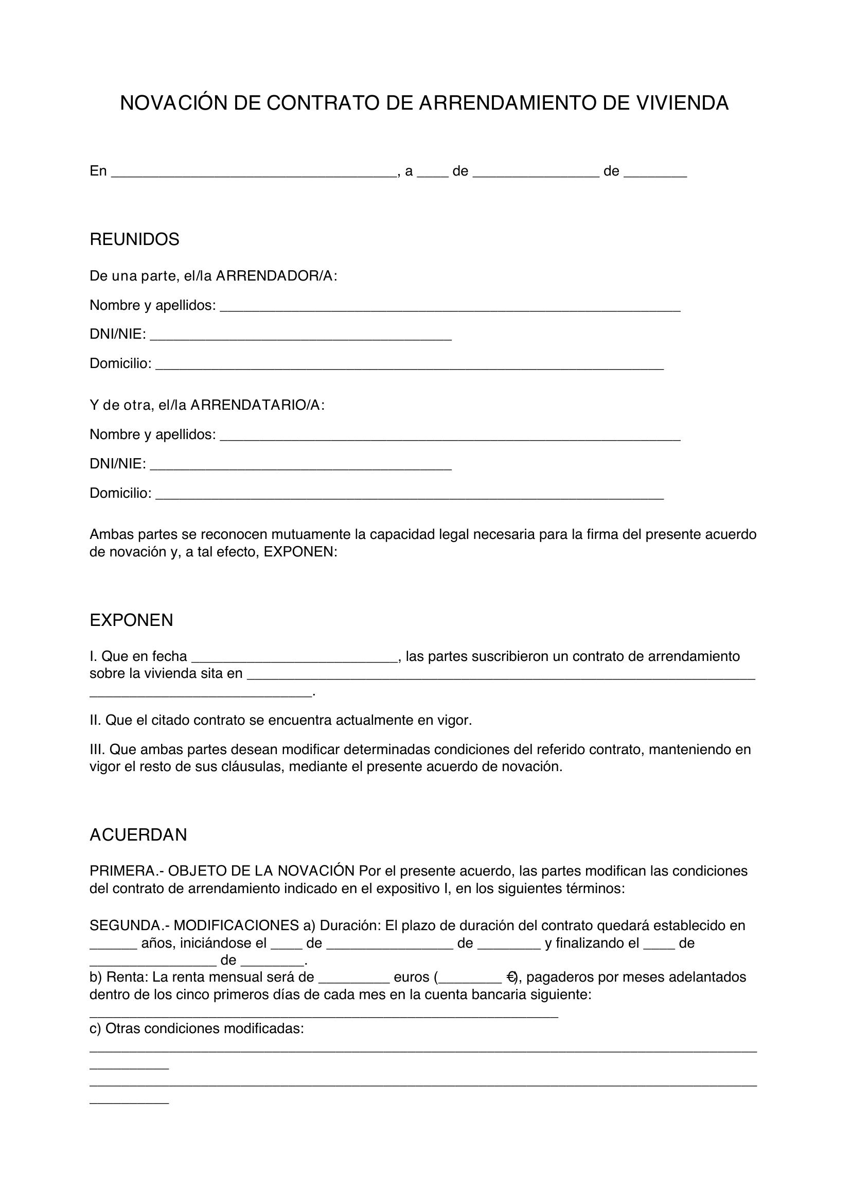 Novación Contrato Alquiler Modelo