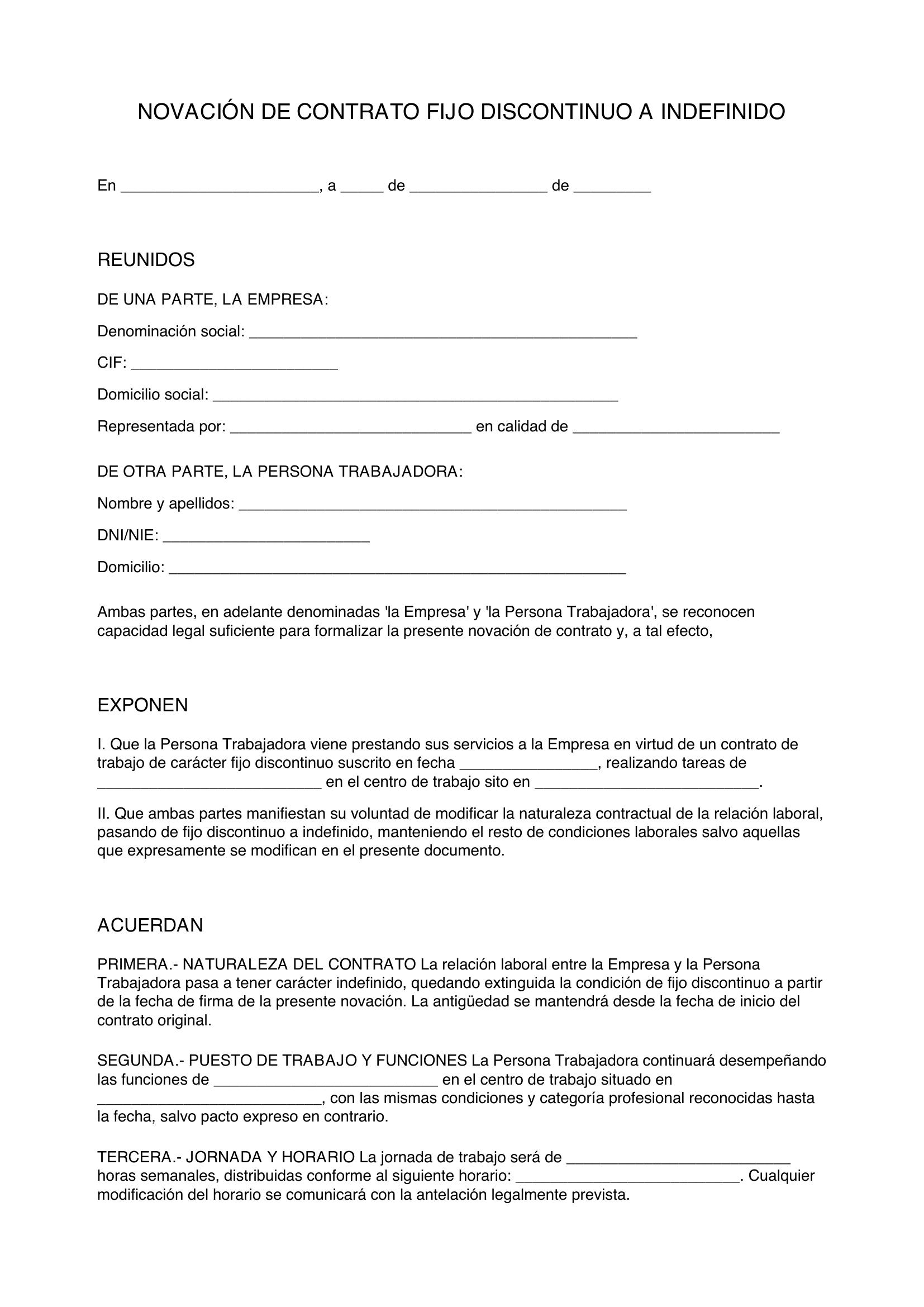 Modelo Novación Contrato Fijo Discontinuo A Indefinido