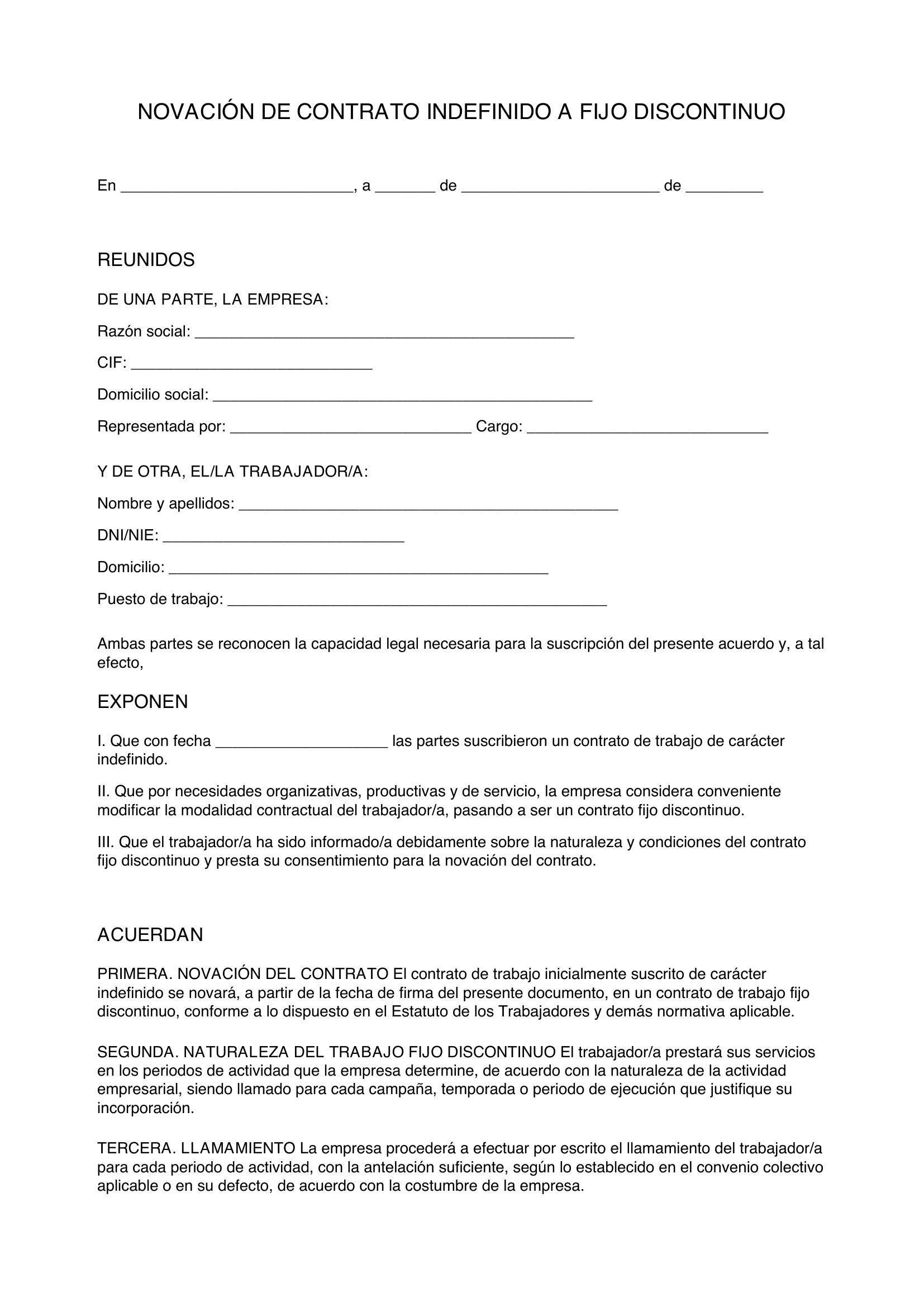 Modelo Novación Contrato Indefinido A Fijo Discontinuo