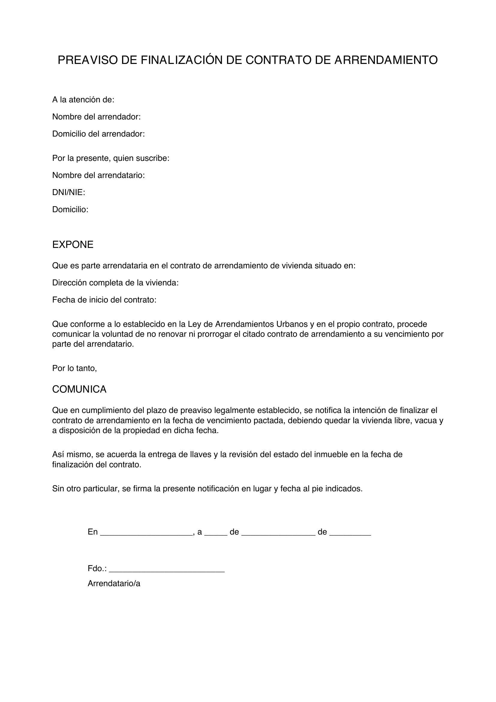 Modelo Preaviso Fin Contrato Alquiler