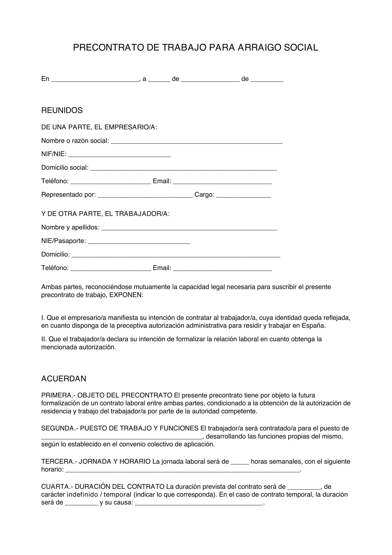 Modelo De Precontrato De Trabajo Para Arraigo Social