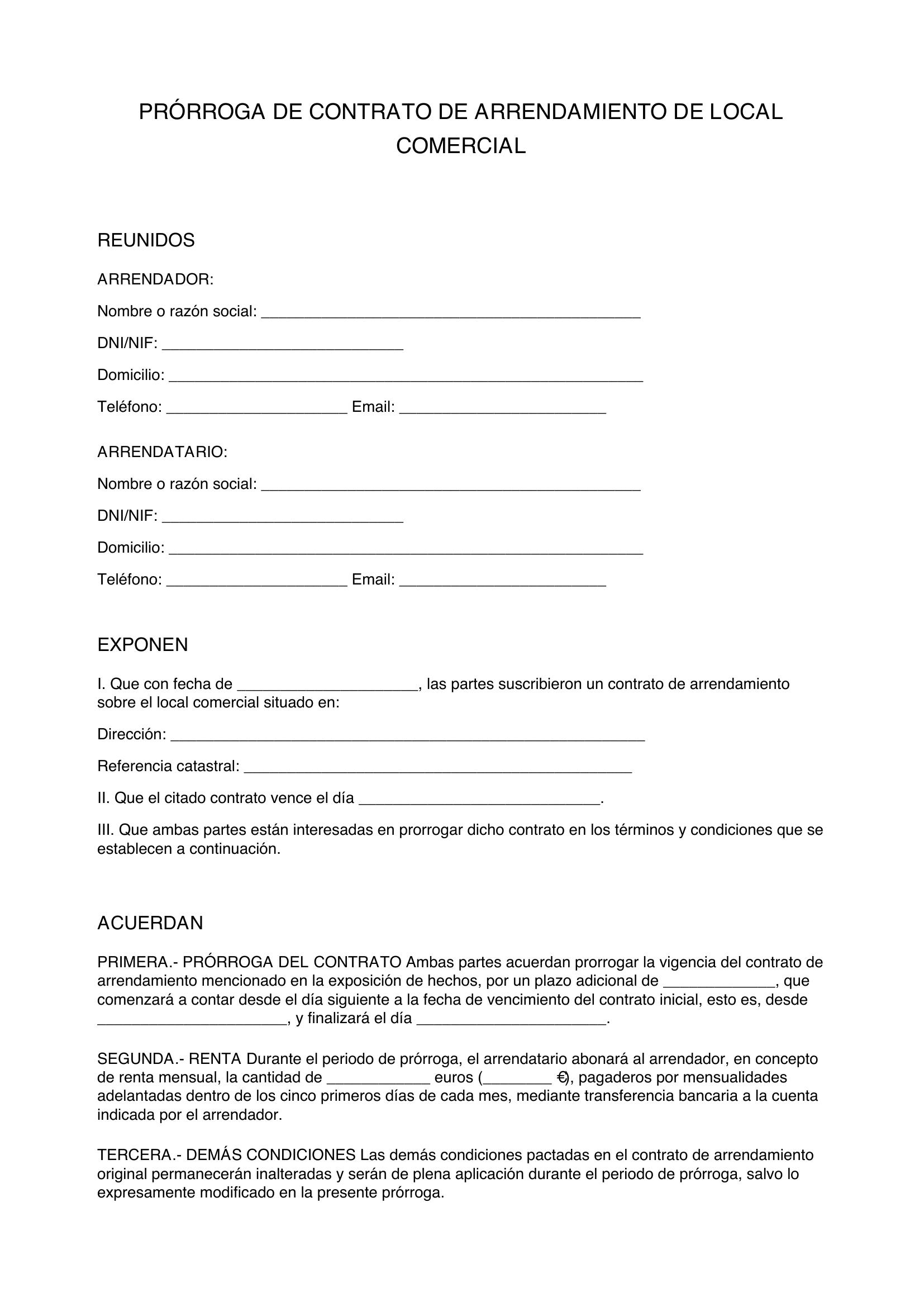 Modelo Prórroga Contrato Alquiler Local Comercial