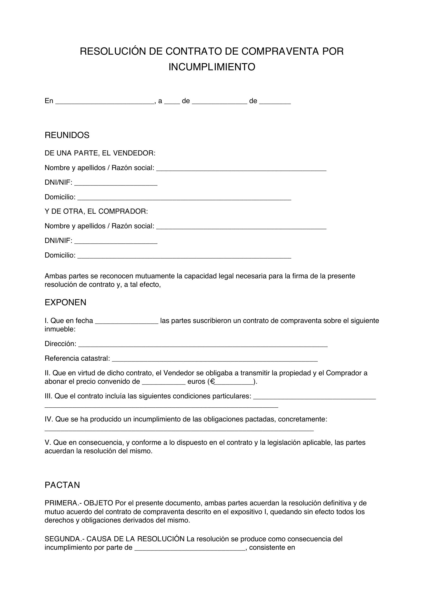 Modelo De Resolución De Contrato De Compraventa Por Incumplimiento